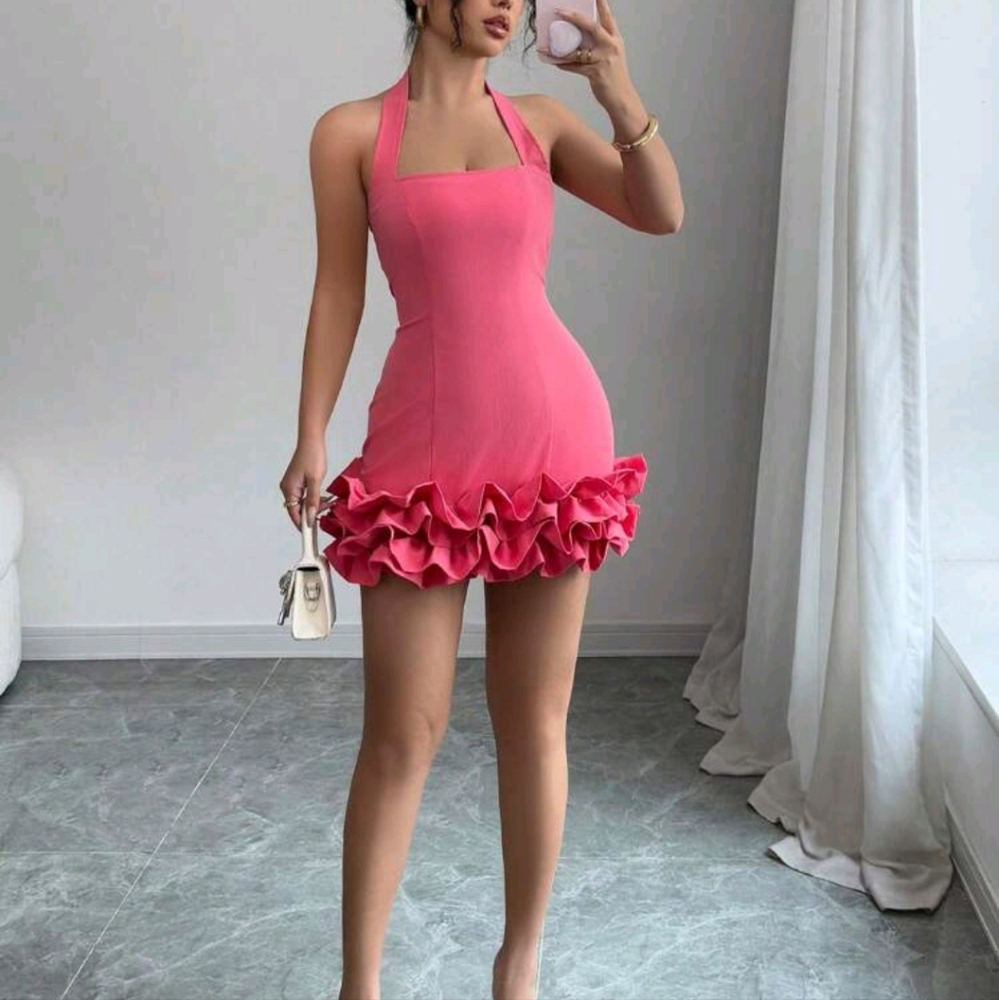 Women's Elegant Square Collar Halter Ruffle Hem Mini Skirt, Suitable For Party - Picture 4 of 4